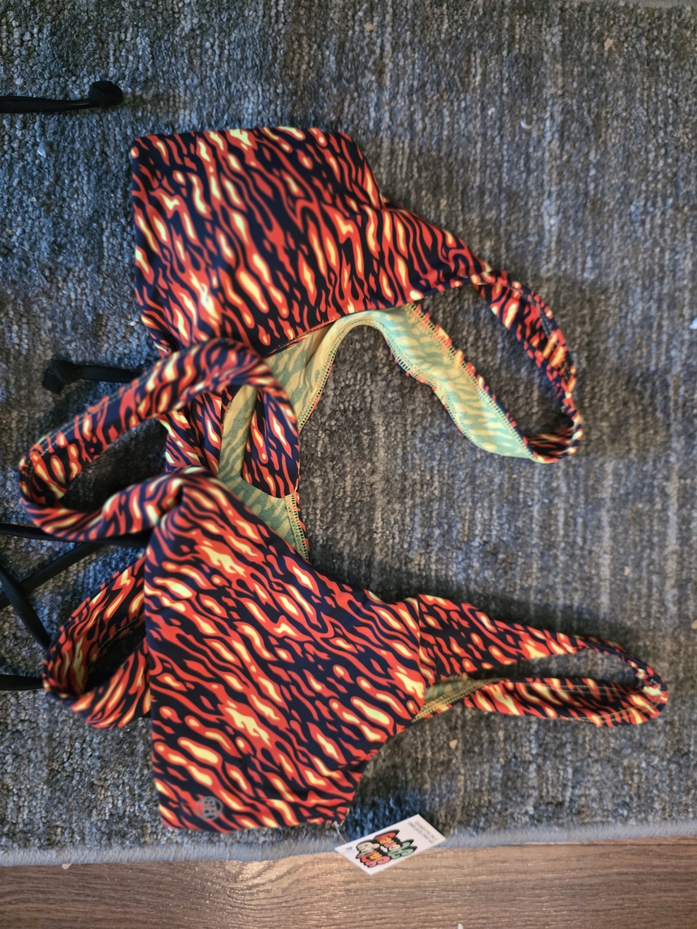 Flame-Print  Two Bikini Tops and 1 Bottom Set - Red/Orange